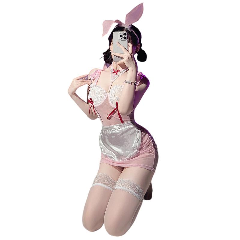 Milk Sweet Rabbit with Steel Rim Perspective Set Sex Underwear Sexy Ditch Uniform Pink Dress
