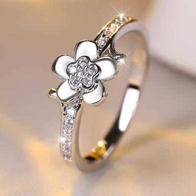 Silver Color Inlaid Zircon Flower Ring for Women Exquisite Wedding Party Engagement Jewelry Gift