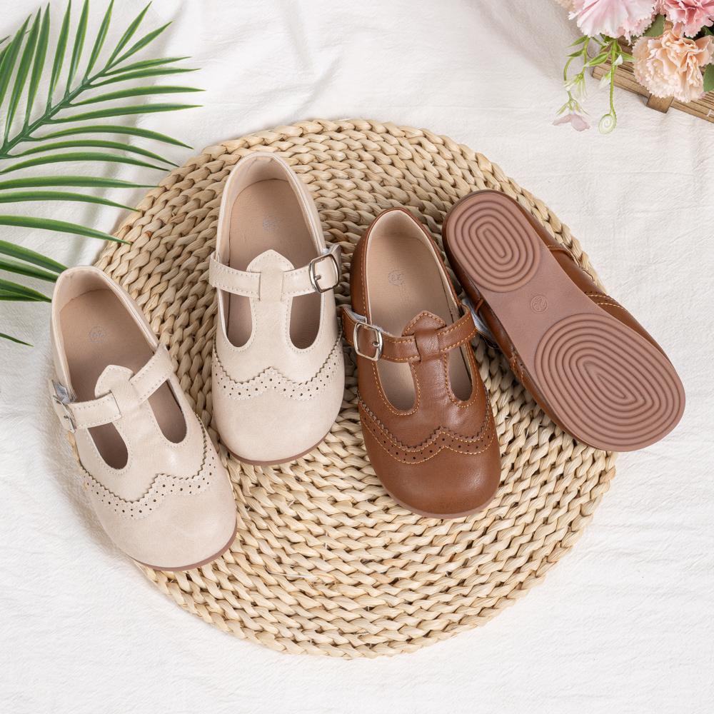 Children Clothing Yulin-001 Girls T-Strap Brogue Mary Jane Flats Toddler Little Kids Single Buckle School Uniform Dress Shoes Cm