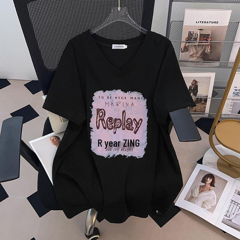 Women's Plus Size V-Neck Loose Fit Mid-Length Short-Sleeve T-Shirt (200/300/350 Jin)