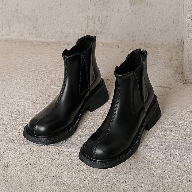 

Корейская версия женских ботинок большого размера на толстой подошве однотонные с круглым носком на среднем каблуке удобные с задней молнией на квадратном каблуке средней высоты ботинки-трубы осень и 39