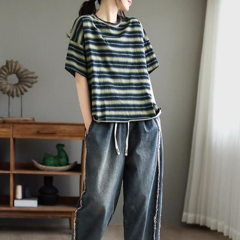 T-shirt for Women Summer Large Size Cotton T-shirt Soft Loose Printed Casual Striped Pullover T-shirt Top