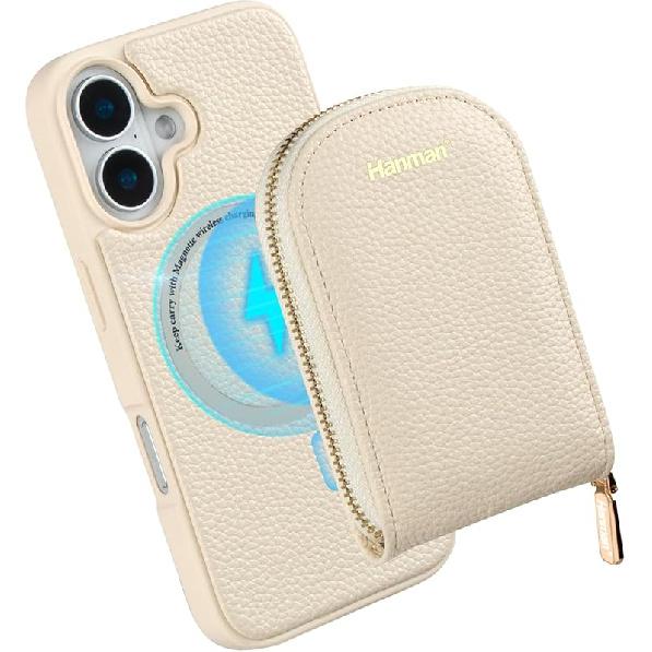 Magnetic Wallet Case for iPhone 16 Plus, RFID Blocking PU Leather Zipper Purse, Magnetic Wallet Card Holder, Beige For iPhone 16 Plus Magnet