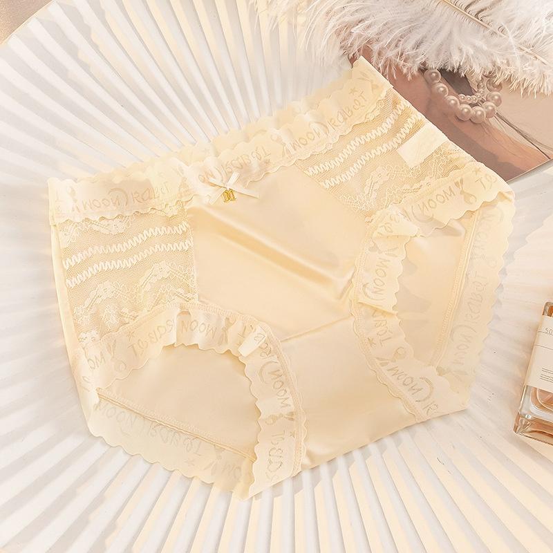 

Женские атласные бесшовные трусы со средней талией, кружевные трусики с бантом, милое нижнее белье M бежевый
