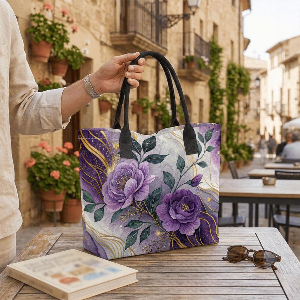 Purple Peony Print Tote Bag Elegant Large Capacity Shoulder Bag for Daily Use