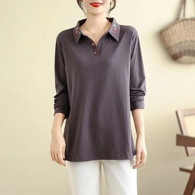 Polo Neck Long-Sleeve Top Embellished Collar Loose Comfortable Fit Women's Casual Blouse