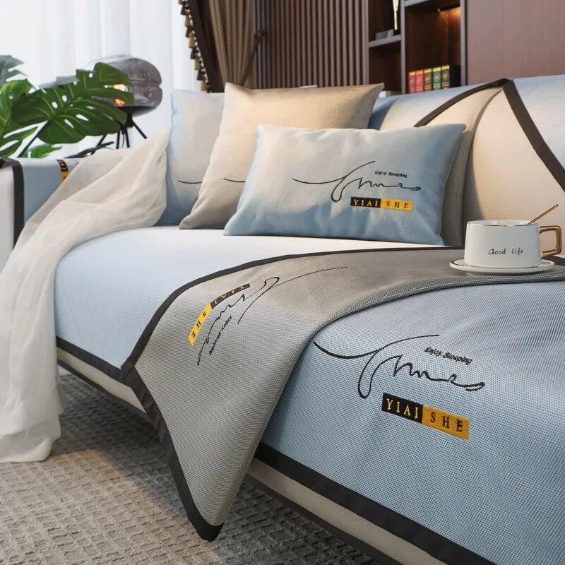 Sommer Neu Einfarbig Sofabezug Modern Minimalistisch Eis Seide Stickerei Sofakissen Kühl Rutschfest Wohnzimmer Sofaschutz