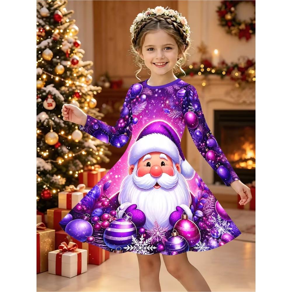 Girls' 3D Santa Claus Dress Long Sleeve Summer Spring Vacation Daily Holiday Princess Beautiful Sweet Kids 4-12 Years Casual Dress A Line Dress
