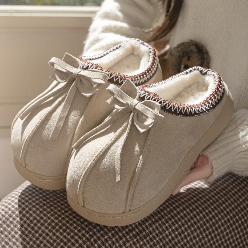 New ethnic style bow slippers autumn and winter indoor home velvet warm anti-skid cotton slippers