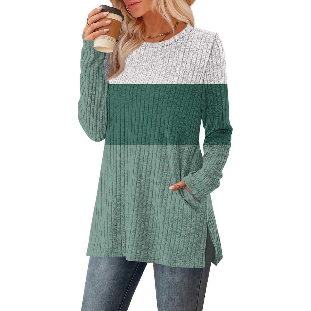 Womens Sweaters Crewneck Long Sleeve Shirts With Pockets Fall Outfits Fashion Winter Clothing Side Slit