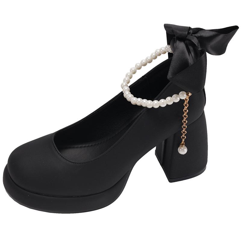 Butterfly-knot Thick Heel Women Mary Jane Shoes Fashion Pearl Ankle Strap Shoes Ladies Outdoor Dress Pumps