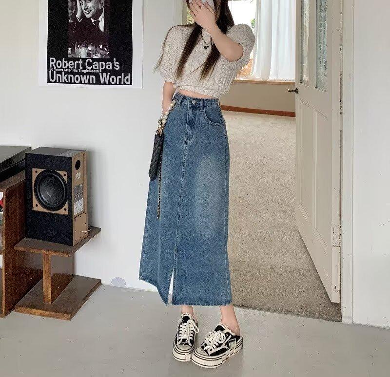 

Ретро джинсовая юбка А-силуэта с разрезом и высокой талией для женщин - Весенне-осенняя приталенная юбка средней длины 2024 L