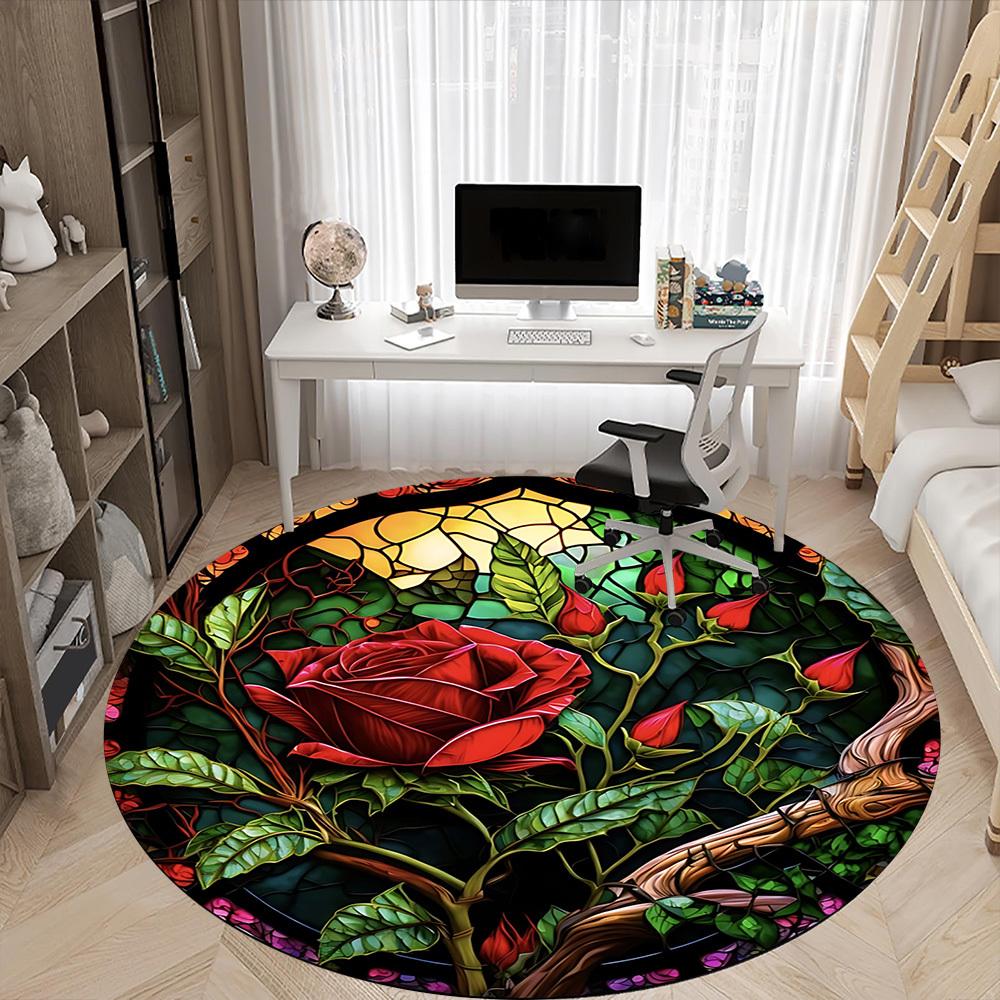 1pc Stained Glass Rose Chair Carpet for Office Non-Slip, Machine Washable Rug for Office - Holiday DecorMachine Made yy251029113