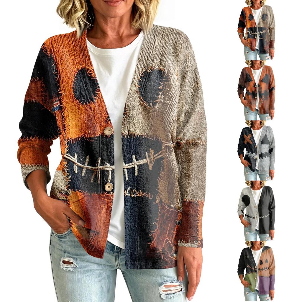 Women's Casual Button-Up Printed Jacket for Halloween Festival