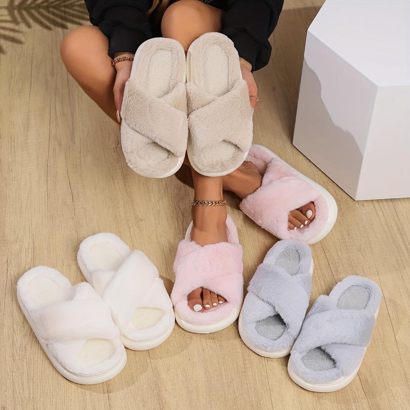 Cross Warm Fluffy Furry Slippers Women Lightweight Flat Heels Fur Slides Woman Autumn Winter Open Toe Non Slip Home Floor Shoes