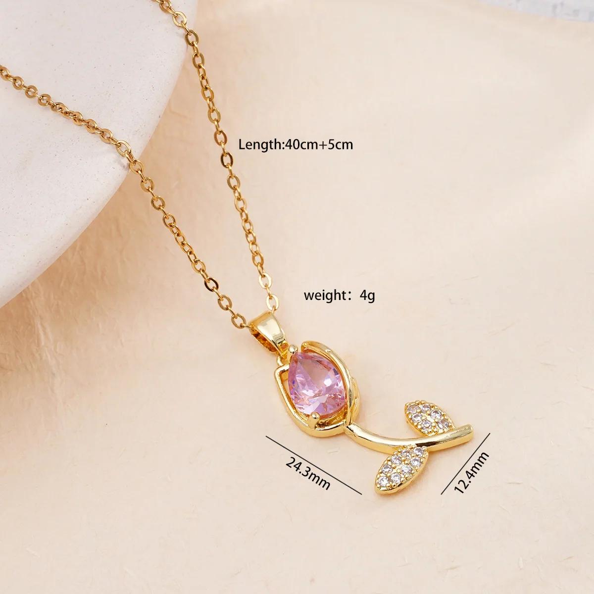 

Fashion Colorful Zircon Tulip Flower Pendant Necklaces for Women Girls Stainless Steel Chain Jewelry Accessories Gifts