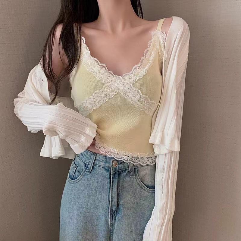 Women Summer 2025 Lace Fashion Tank Top Female Korean Style V Neck Sleeveless Sexy Blouse Cropped Knitwear