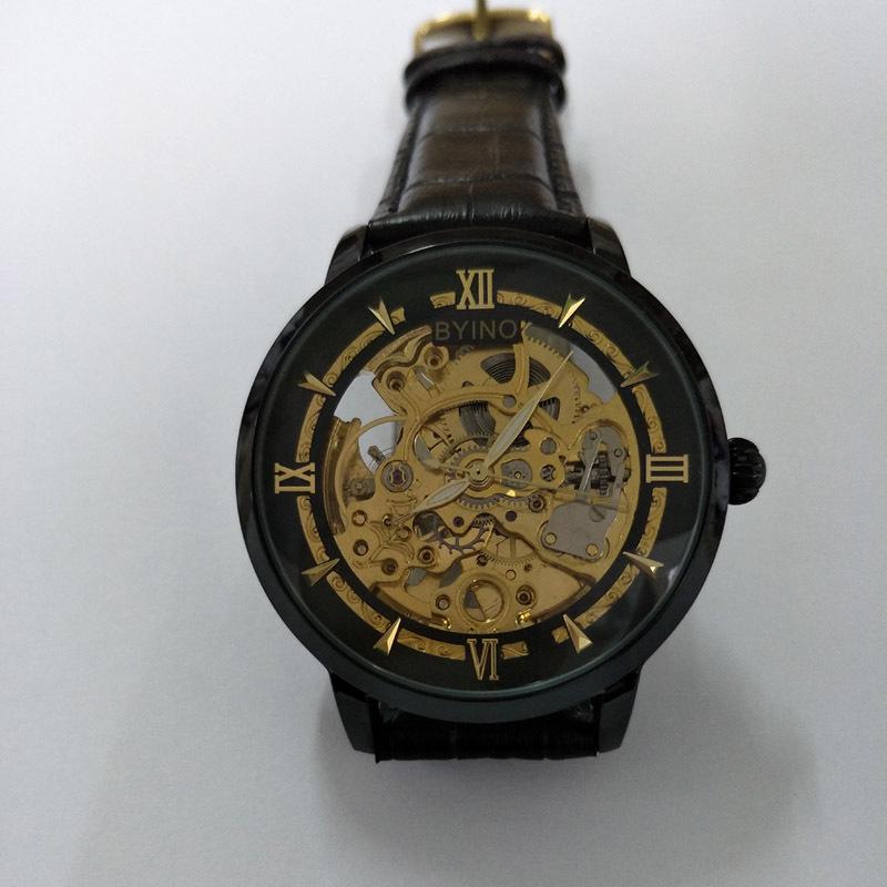 BYINO Herren Skelett Automatikuhr Chronograph mit transparentem Boden, weißen Zeigern, Leder- oder Mesh-Armband