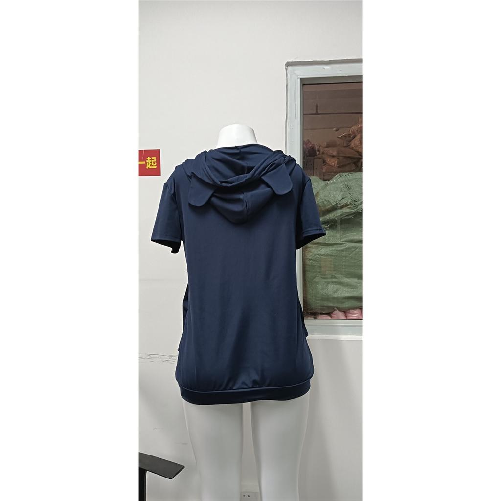 Women's fashionable loose large pocket pocket summer short-sleeved hooded T-shirt