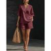 Spring and Summer European and American Women's Clothing Solid Color V-neck Linen Cotton Casual Top and Shorts Set Two-piece Set