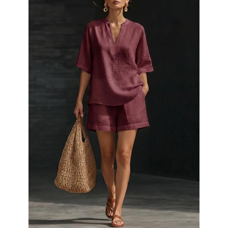 Spring and Summer European and American Women's Clothing Solid Color V-neck Linen Cotton Casual Top and Shorts Set Two-piece Set