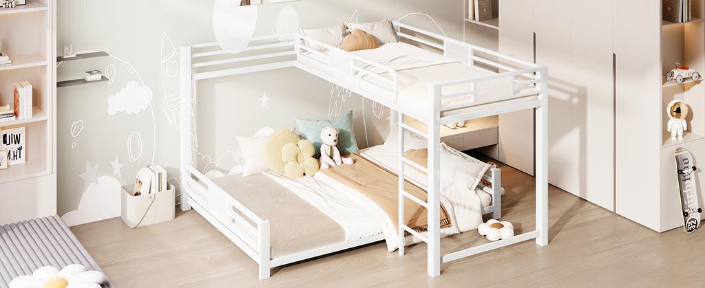 Letto a castello in metallo a L 90x200 sopra 140x200, Bianco