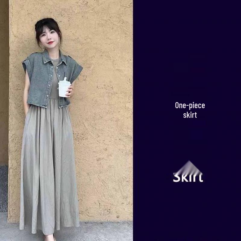 Tea-Toned Summer Chic: Salt-Style Denim Jacket & Dress Set - Trendy, Youthful, and Elegant.