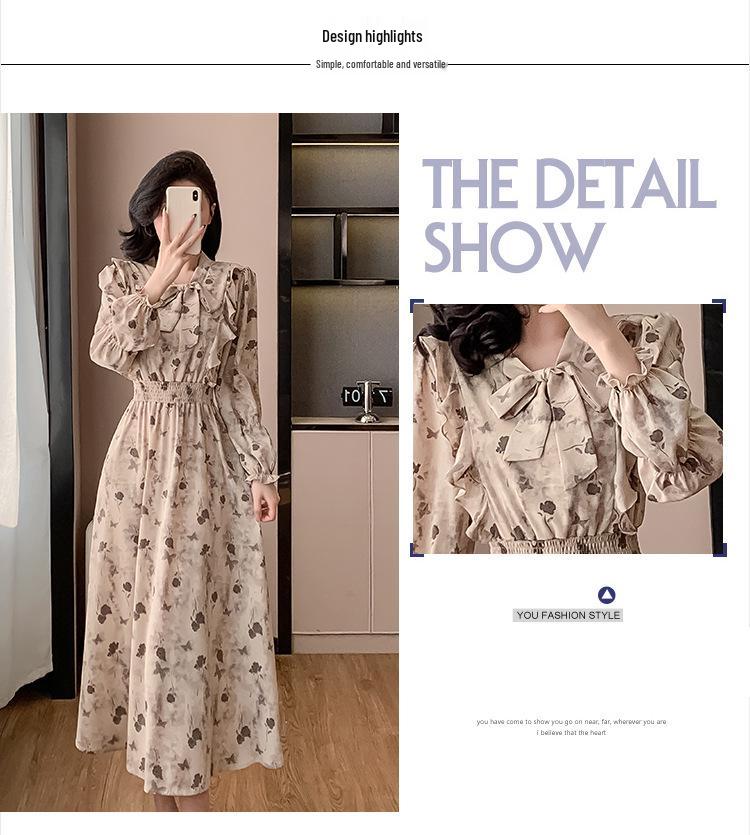 Korean Ruffle Print Chiffon Dress with Puff Sleeves
