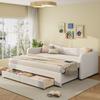 Gestoffeerd Bed, Dagbed, Dagbed, Slaapbank, met 2 Lades voor Opbergruimte, Slaapbank, 90x200 cm, Uitklapbaar tot 180 cm, met USB-poort, Beige Boucle
