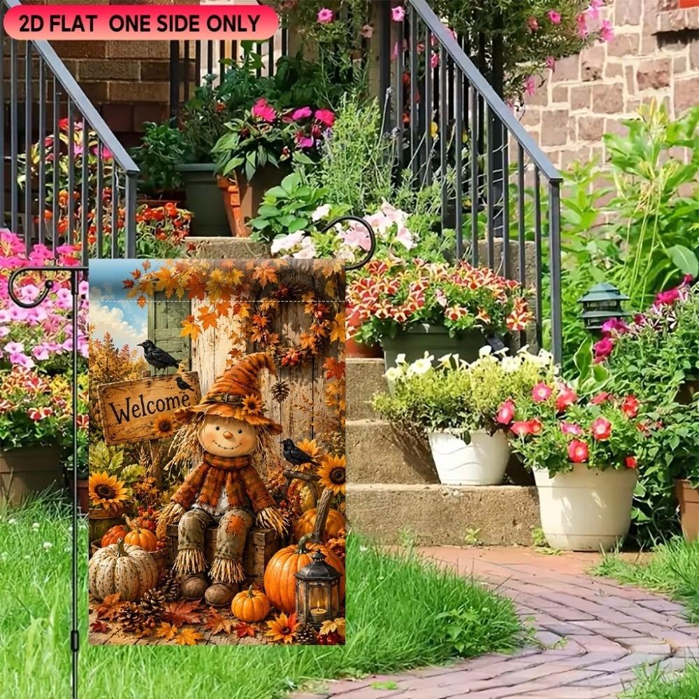 Double Sided Halloween Fall Pumpkin Garden Flag Rustic Style Linen Ghost Welcome Flag Chick or Treat Witch Hat