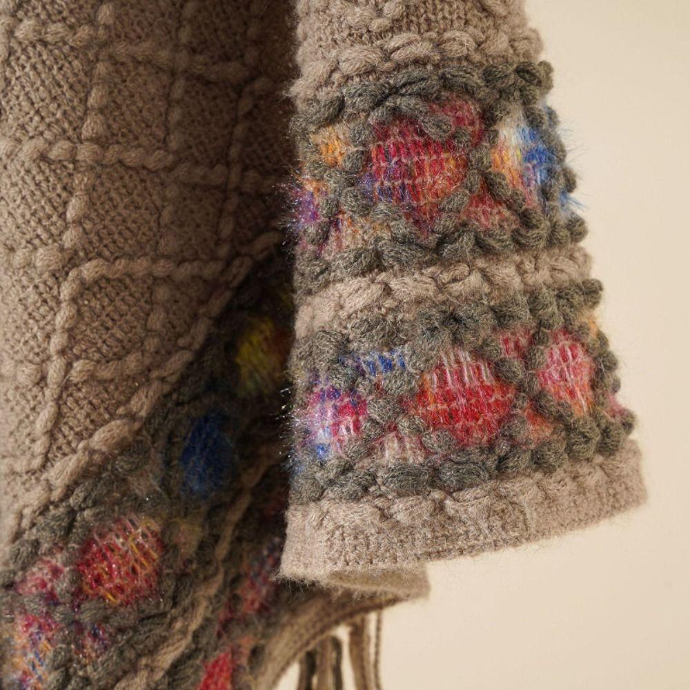 Stripe Knitted Cape Printing Tassel Scarves Simple Ethnic Style Scarf  Autumn Winter