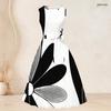 Women Plus Size Two Piece Set Long Sleeve Draped Cardigan Round Neck Sleeveless Tie Waist Flared Dress Black White Printed