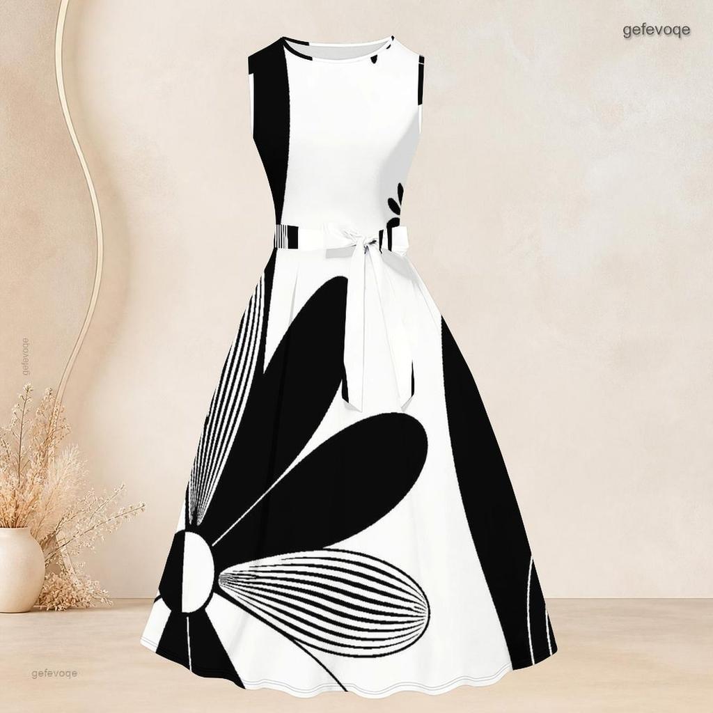 Women Plus Size Two Piece Set Long Sleeve Draped Cardigan Round Neck Sleeveless Tie Waist Flared Dress Black White Printed
