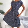 O-Neck Short Sleeve High-Waist Lace-Up Midi Dress Simple Floral Print Pleated Hem