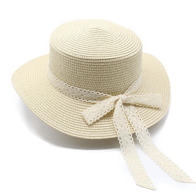 Straw Hat Women'S Summer British Style Lace Bow Flat Top Top Hat Sunshade Sun Protection Straw Hat Beach Hat Sun Hat