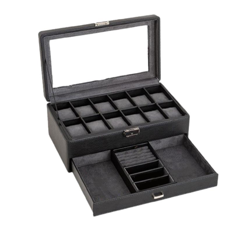 Elegante Uhrenaufbewahrungsbox mit stilvollen Fächern, Mikrofaser-Auskleidung und abschließbarem Deckel für eine sichere Präsentationslösung