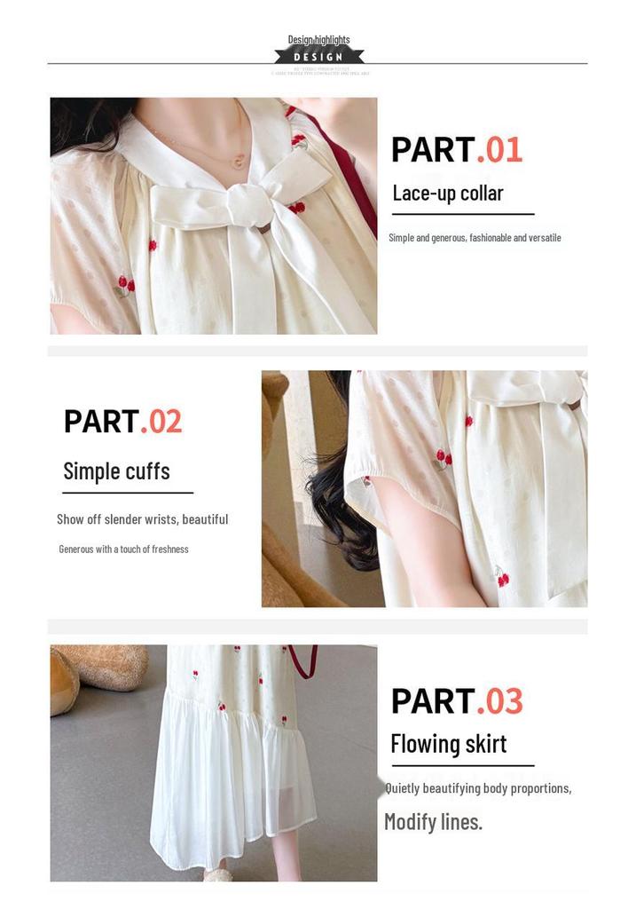 2026 Summer Korean Style Cherry Embroidery Ribbon Maternity Dress - Fashionable and Age-Defying