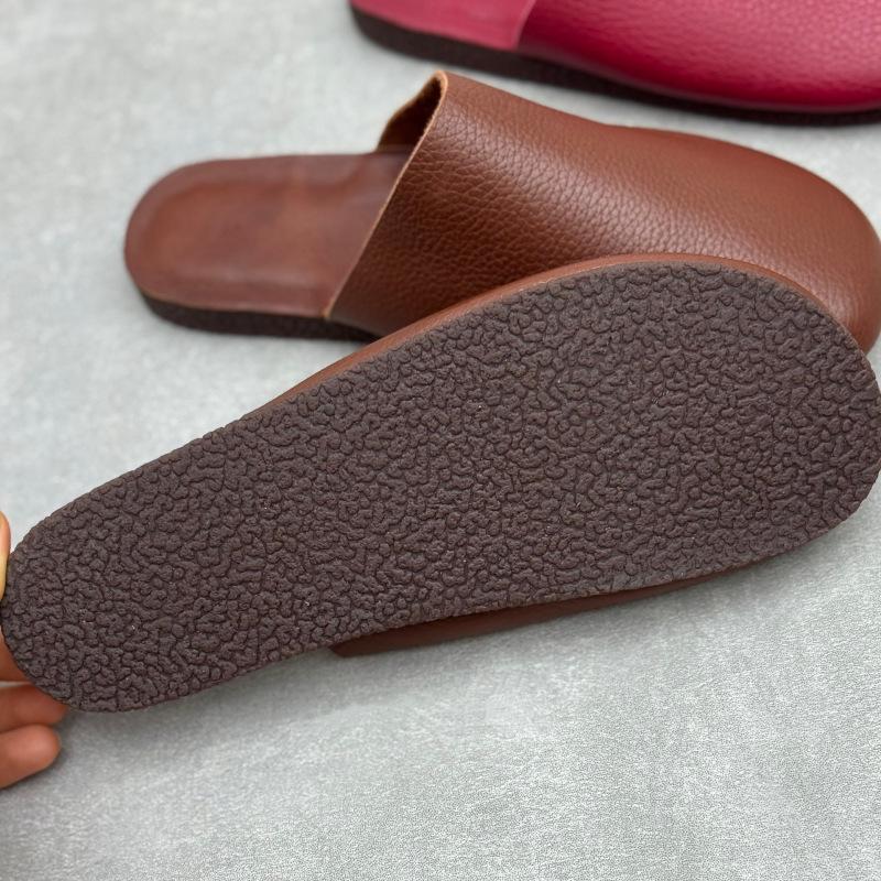 Johnature Genuine Leather Round Toe Flat Slippers Versatile And Comfortable Soft Soled Women's Slip-on Shoes