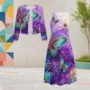 Women Plus Size Black Printed Two Piece Dress Set Round Neck Long Sleeve Cardigan Sleeveless Long Dress
