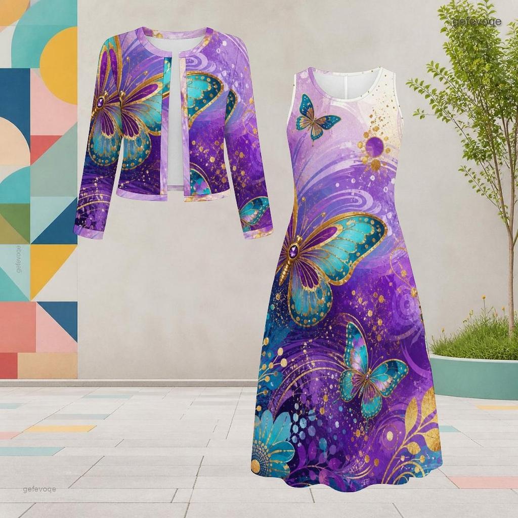 Women Plus Size Black Printed Two Piece Dress Set Round Neck Long Sleeve Cardigan Sleeveless Long Dress