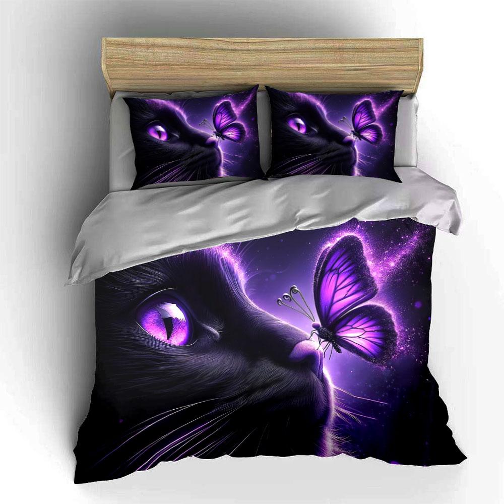 "Purple-Themed Cat and Butterfly Set" kid's and adults' bedroom decor, Exquisite three-piece bedding set gift