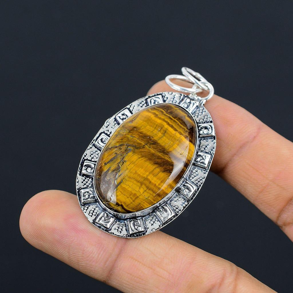 925 Sterling Silver Oval Tiger Eye Stone Daughter Anniversary Bezel Boho Pendant