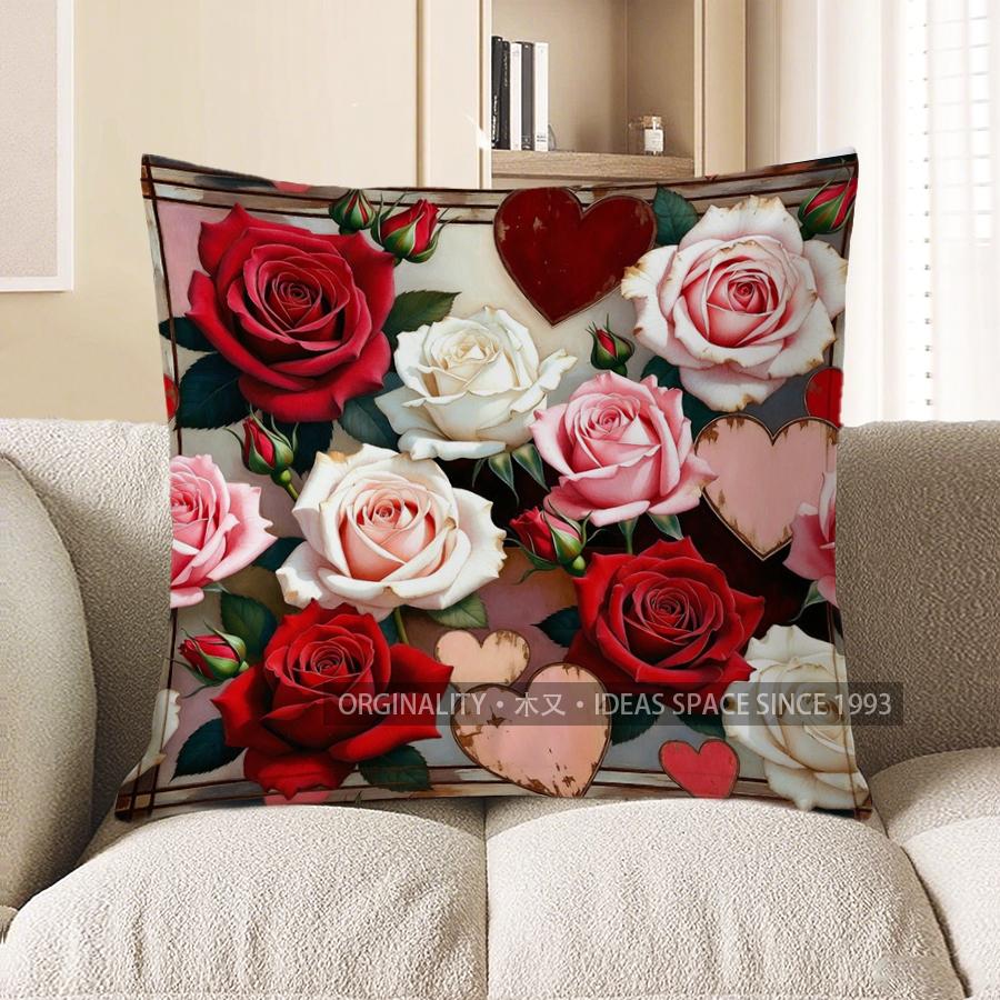 2D Roses & Hearts Decorative Digital Print Pillow Covers Pattern Cushion Cover Suitable For Sofa Bedroom Car Pillow Cover