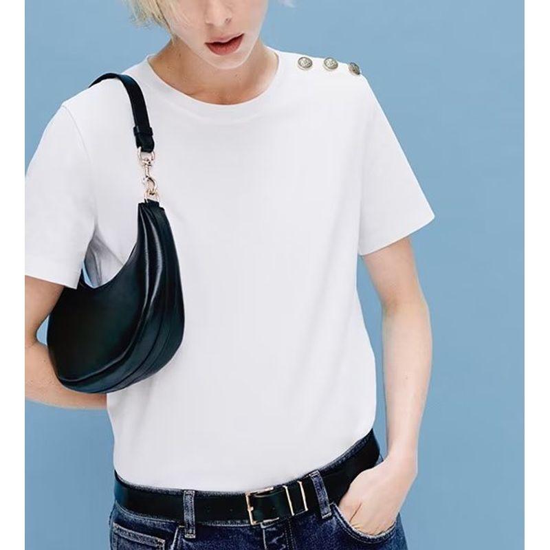 T-shirt Spring White Tops Button Versatile Short Sleeve MD