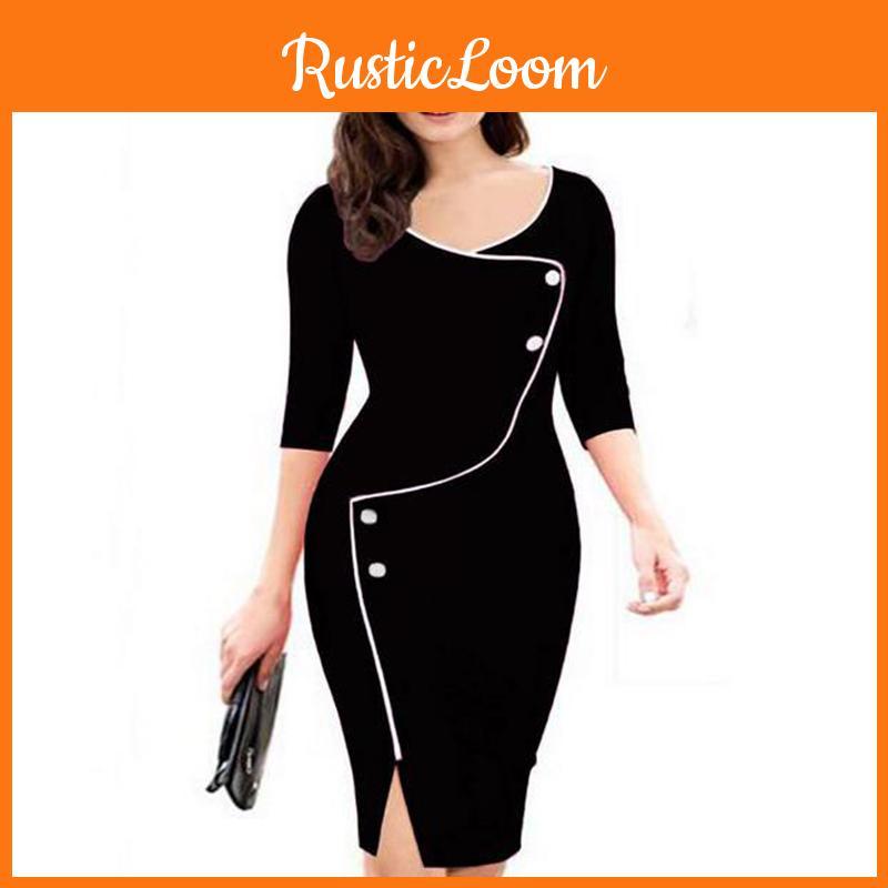 Elegant Womens Vintage Brief Split Bottom Dress With Timeless Deep O-neck Design