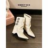 Heel pointed pleated belt buckle wedge heel fashionable stacked pants tube leather boots new boots boots women's inner height increase women