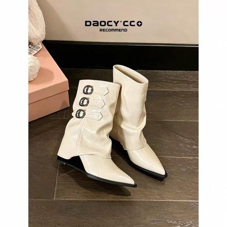 Heel pointed pleated belt buckle wedge heel fashionable stacked pants tube leather boots new boots boots women's inner height increase women