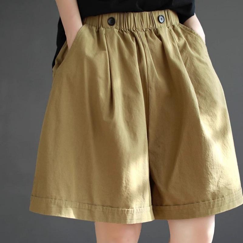 Womens Pure Cotton Solid High Waist Wide Leg Loose Plus Size Five Point Shorts