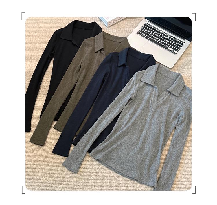 Elegant Korean Style Grey Slim Fit Lapel T-shirt: Women's Autumn/Winter Long Sleeve Base Layer Top