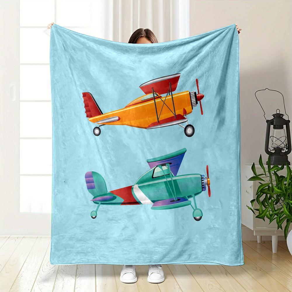 Colorful Vintage Airplane Illustration Patterned Flannel Blanket Perfect for the Bedroom Living Room, Sofa, or a Little Nap